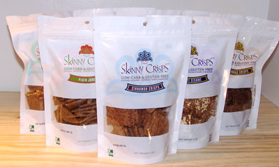 An image of a product called Skinny Crisps, which is a cracker that is ideal for a gluten-free diet