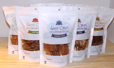 An image of a product called Skinny Crisps, which is a cracker that is ideal for a gluten-free diet